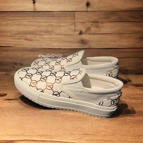 Valentino White/Gold Monogram Slip On Sneakers Sz 9 BRAND NEW
